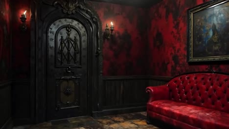 a red couch sitting in a room with a chandelier and a painting on the wall