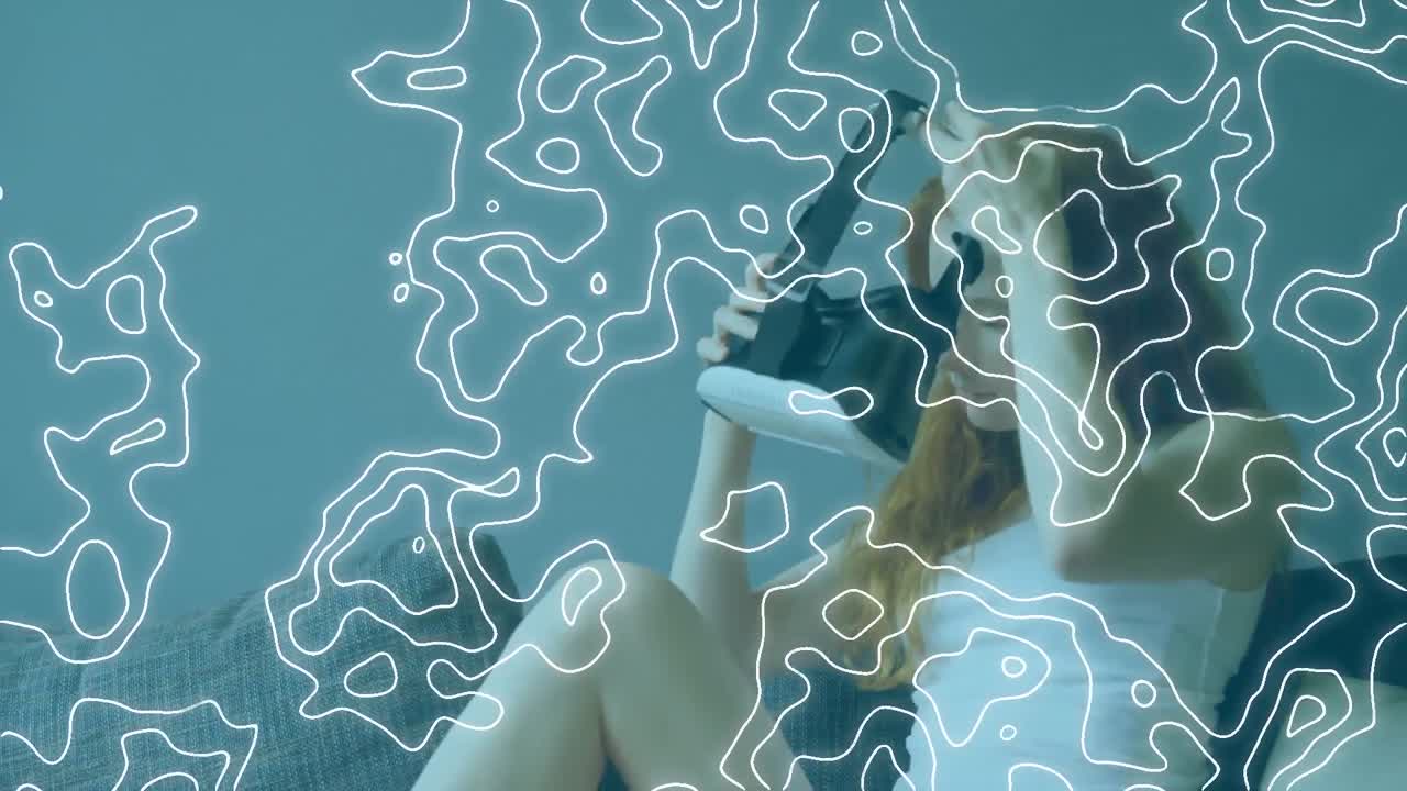 animación de líneas blancas sobre una mujer que usa auriculares vr sobre un fondo azul