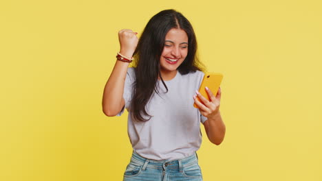 happy excited winner woman use smartphone celebrating success, winning play game, good lottery news