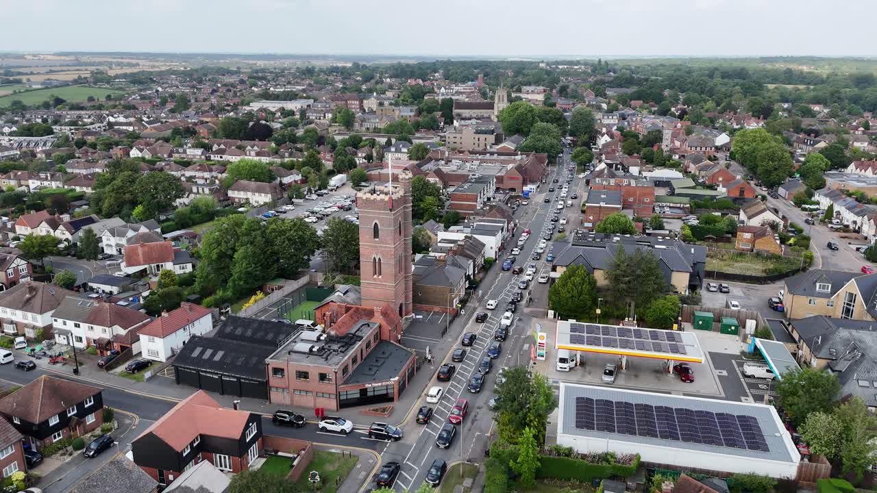 Epping Town centre Essex UK drone,aerial push in shot