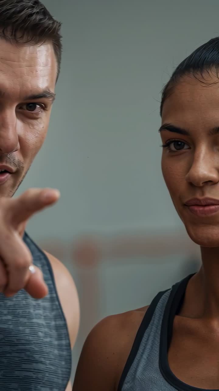 Video verticale: Istruttore che nota un disallineamento, indica e dimostra la forma in palestra con canotte