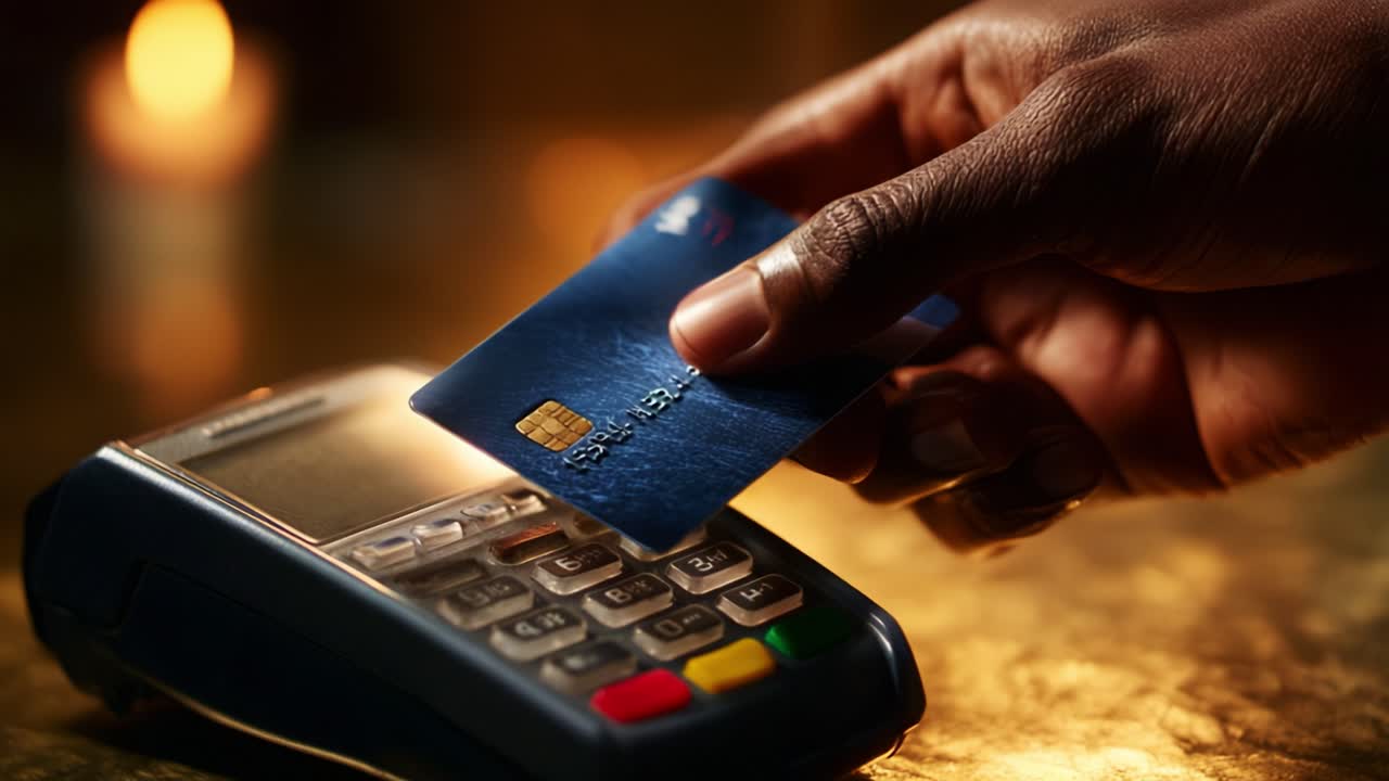 A Close-Up of a Hand Holding a Credit Card Ready to Make a Transaction on a Payment Terminal Surrounded by Soft Candlelight, Highlighting the Ease of Modern Payments