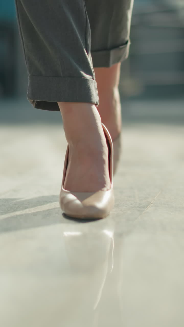 Close up leg view of elegant lady walking confidently in nude high heels on smooth polished surface with soft sunlight and blurred urban background