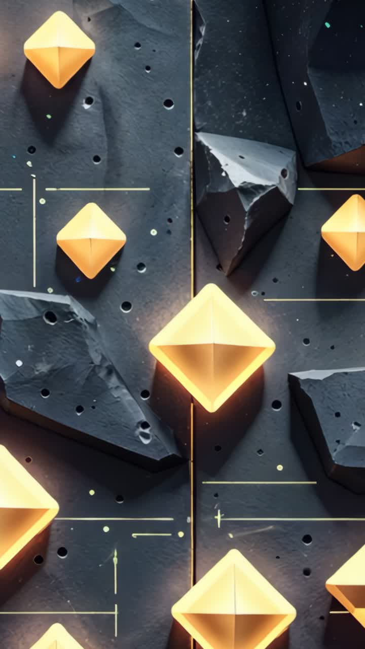 Vertical video: Panning camera moving down climbing wall, revealing yellow diamonds, black volumes