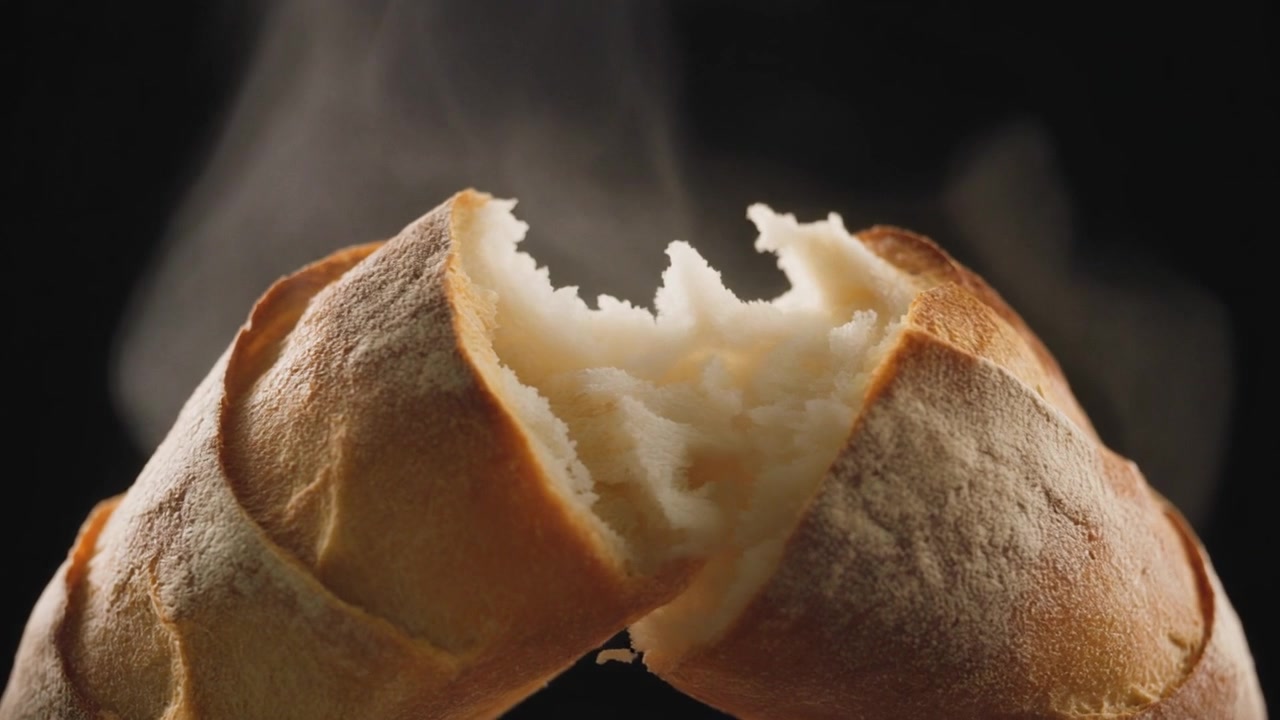 Freshly Baked Bread Being Pulled Apart with Steam Rising