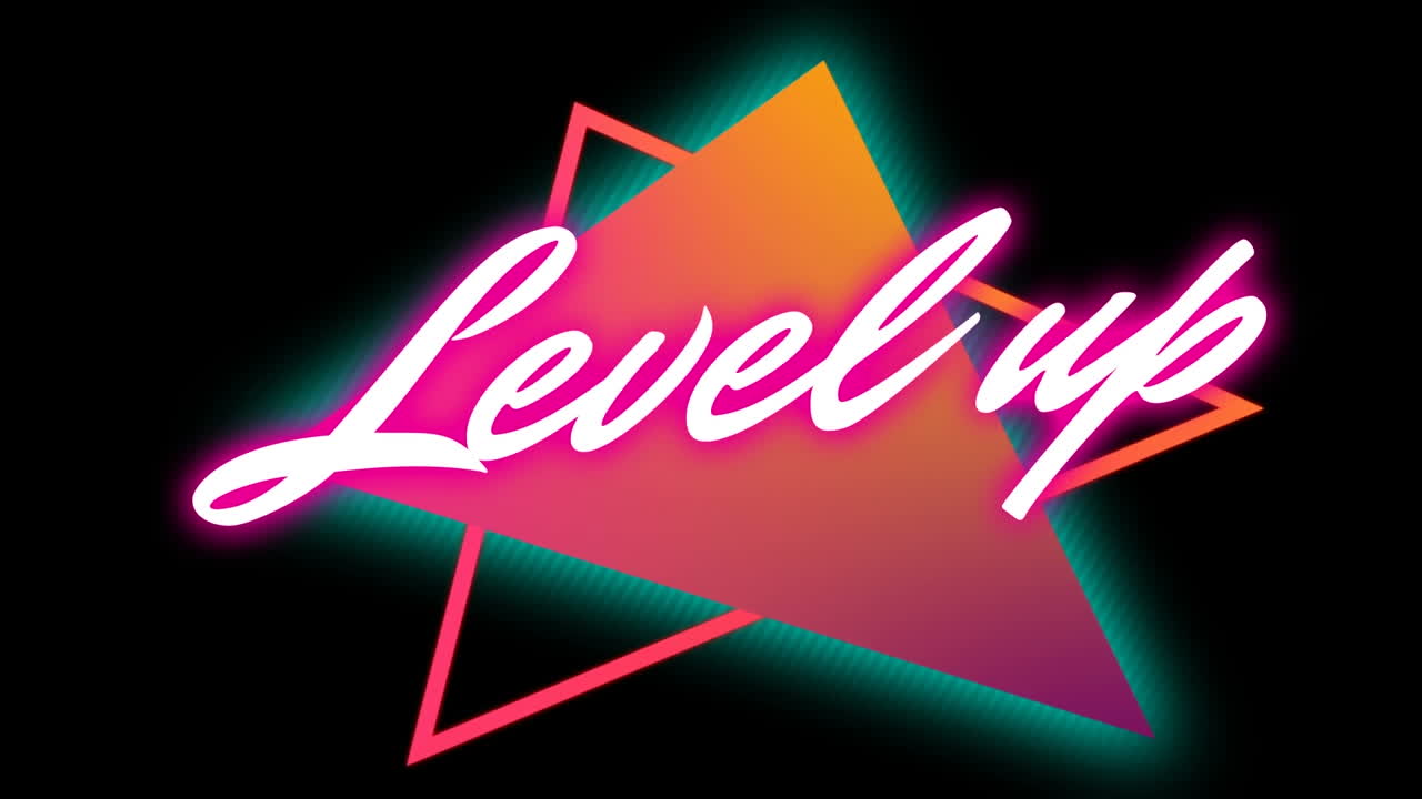 검은색 배경에 대한 추상적인 그라디언트 배너 위에 네온 레벨 업 텍스트 배너의 애니메이션
