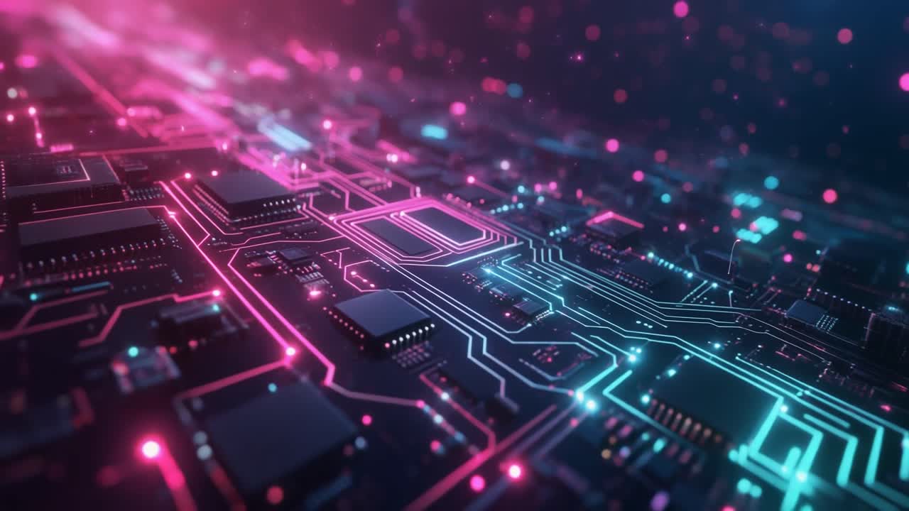 Abstract Digital Circuit Board with Glowing Data Flow