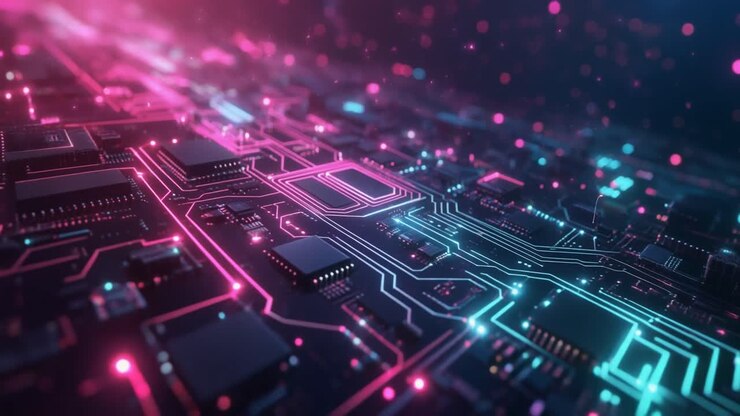 Abstrakte digitale Leiterplatte mit leuchtendem Datenfluss