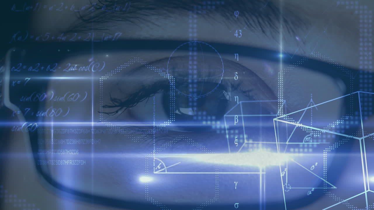 animazione dell'elaborazione di dati matematici con figure geometriche su occhiali e occhio