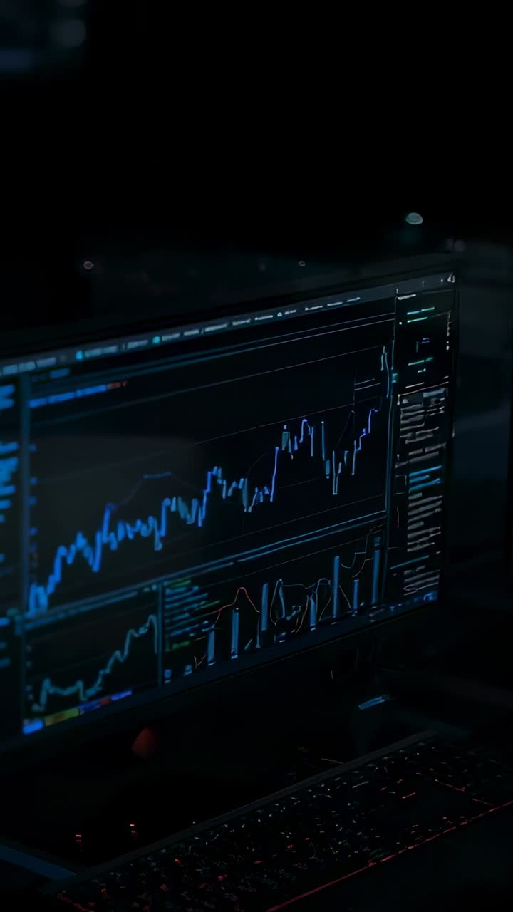 Vertical video: Monitors receiving live data updates to analyze markets on desk, backlit keyboard