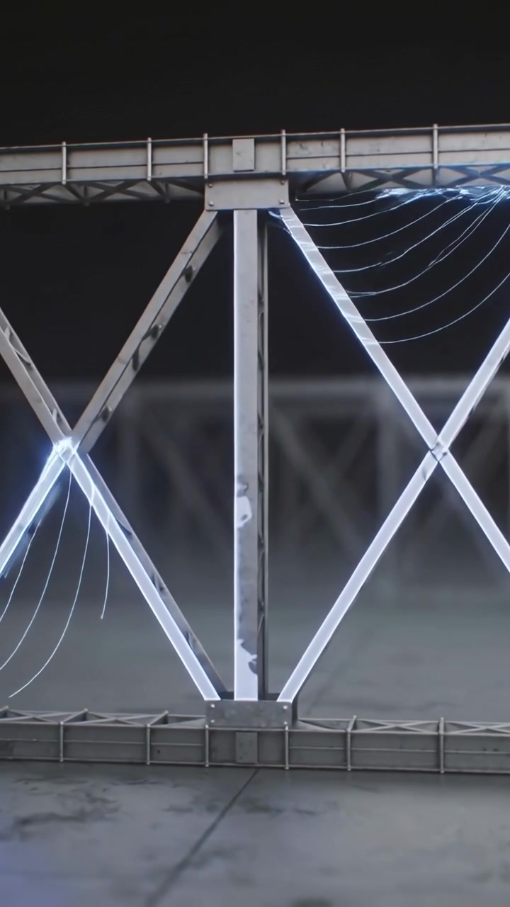 Vertical video: Starting at lower node, energy arcs tracing steel truss in studio, lighting joints