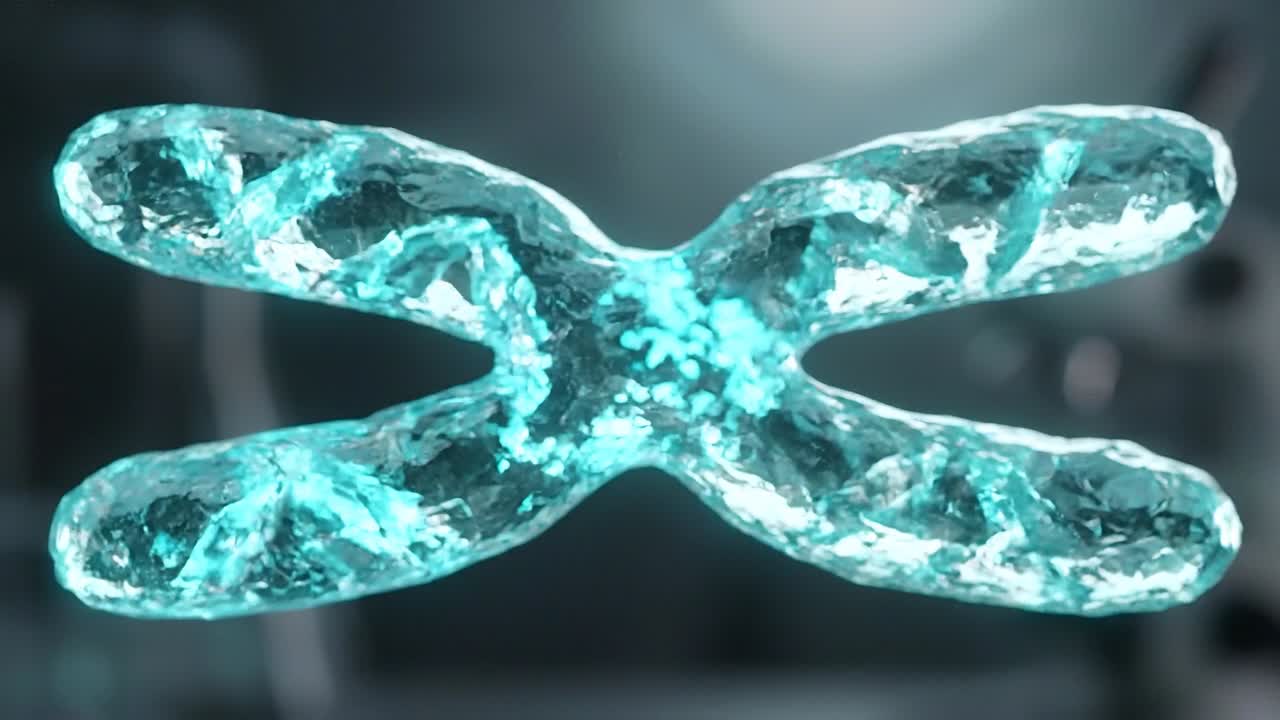 Crystal like chromosome model rotating in lab setting representing genetic data and molecular biology visualization
