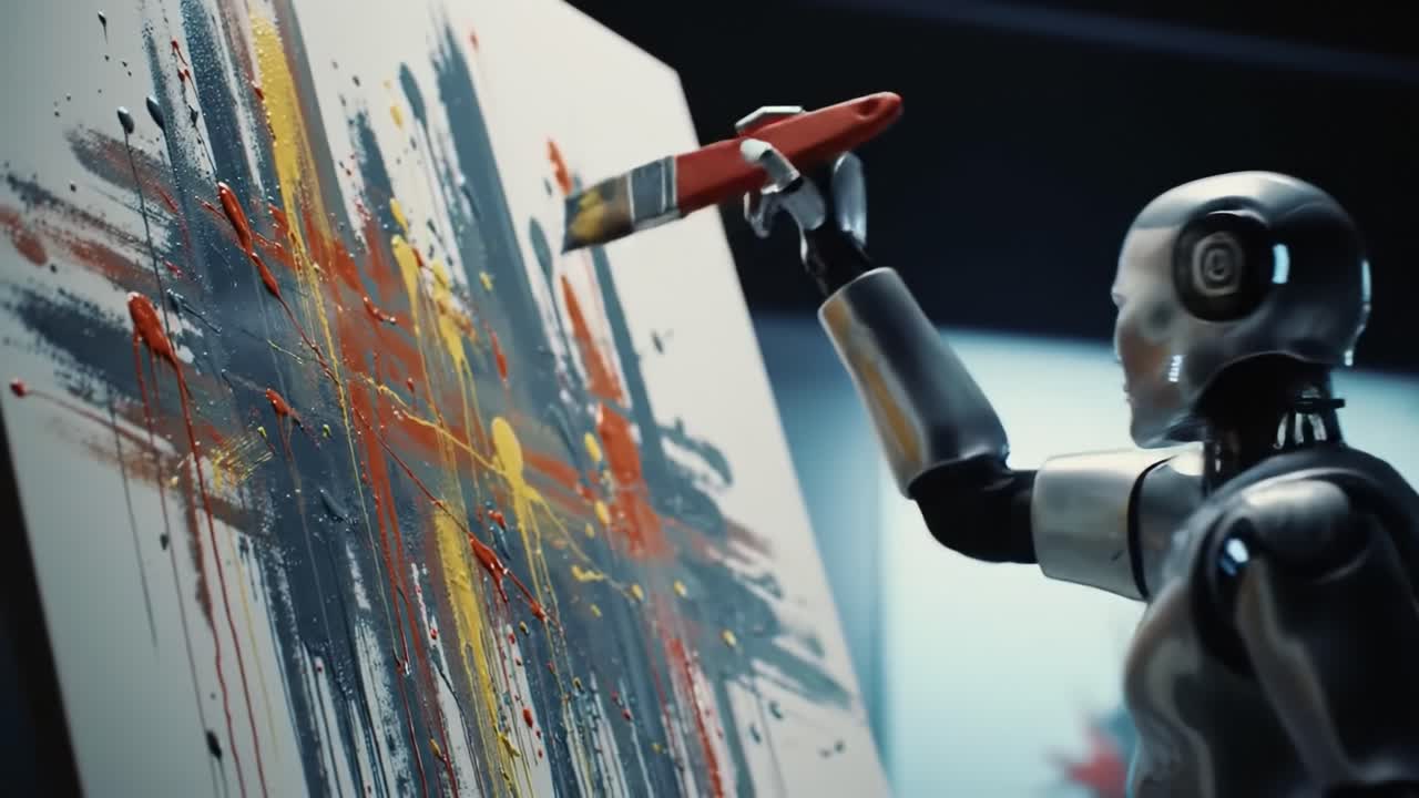 A robotic artist skillfully applies bright paint to a canvas in a sleek, contemporary studio. The robot moves gracefully, showcasing its ability to create vivid abstract designs.