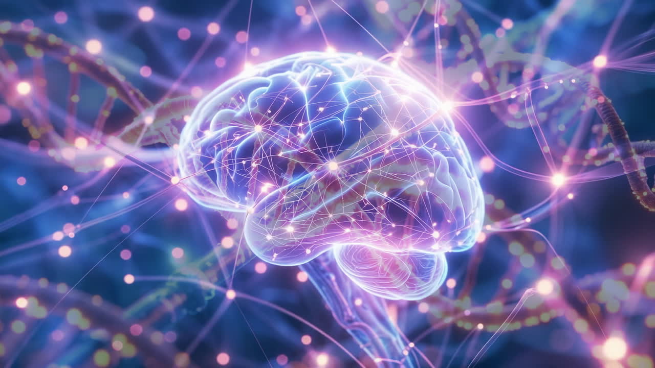 Cervello digitale astratto con connessioni neurali e filamenti di DNA
