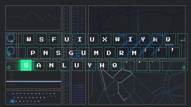 Animation of keyboard layout over data graphs and network map in digital interface