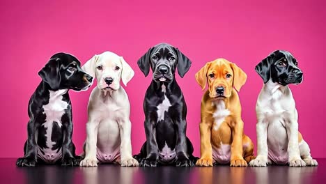 a group of five puppies sitting in a row on a pink background