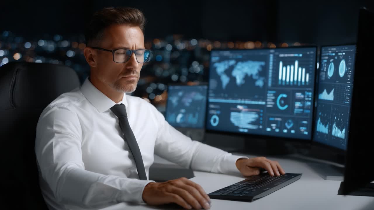 Focused Professional Analyzing Data at Night: A Dedicated Individual Surrounded by Multiple Monitors, Engaged in Detailed Analysis of Informative Graphs and Charts