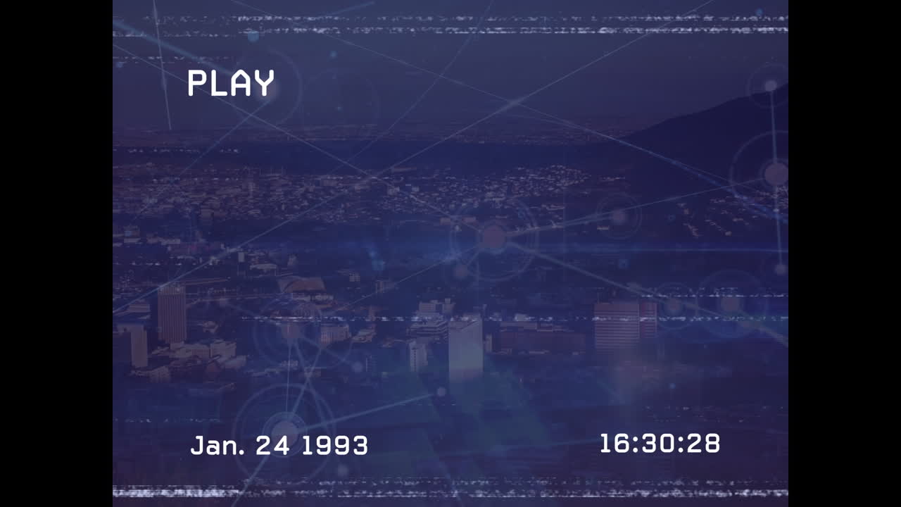 도시 풍경의 공중 시야에 대한 연결 네트워크에 대한 vhs 장애 효과의 애니메이션