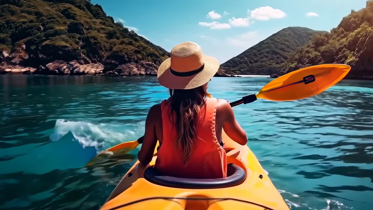 Aerial video captures a woman kayaking in a serene lake, surrounded by lush hills, under a clear