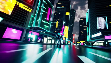 photographer in a futuristic neon city at night