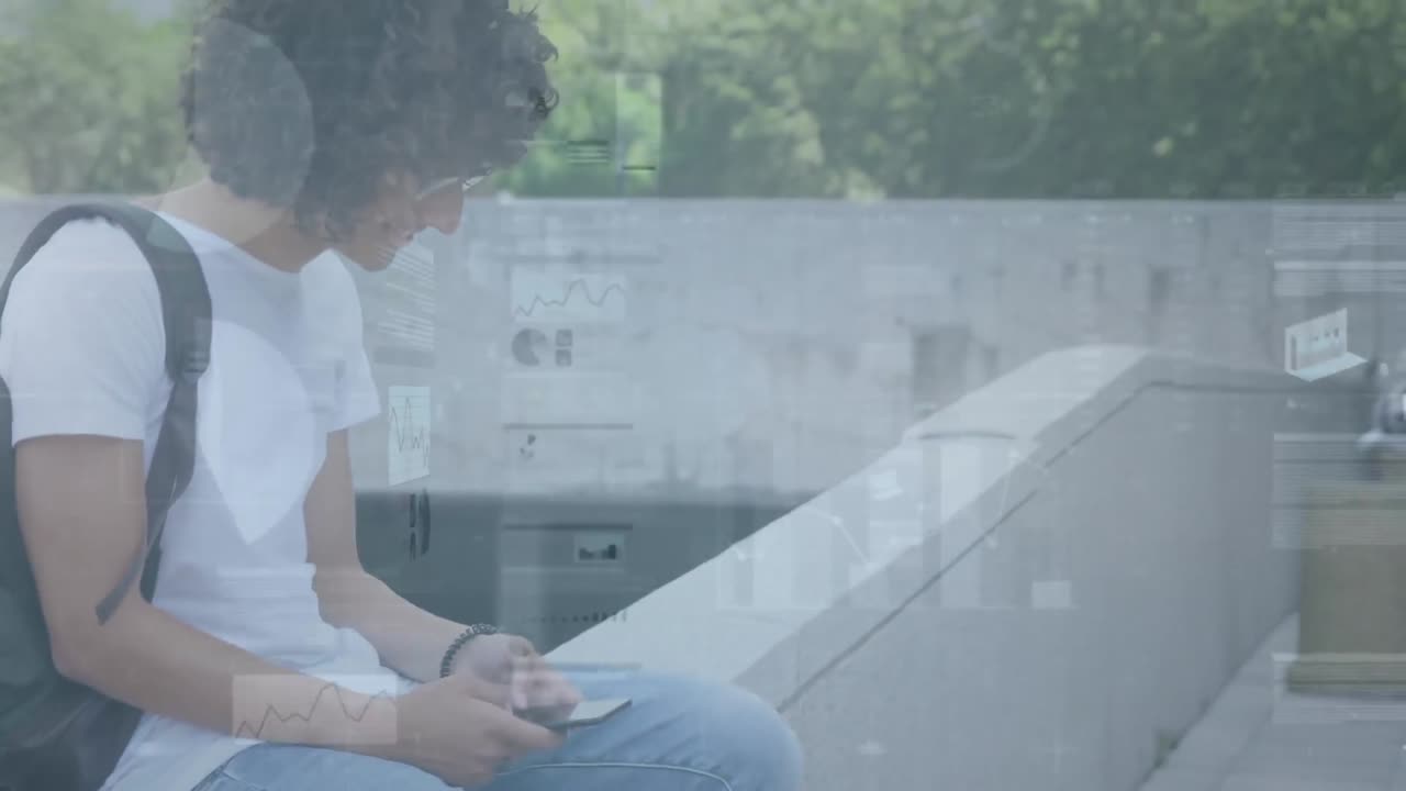 Animation of financial data processing over mixed race businessman using smartphone