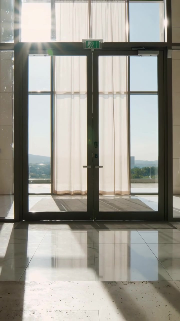 Vertical video: Shifting sheer curtain on glass doors from soft draft casting lens flare on lobby