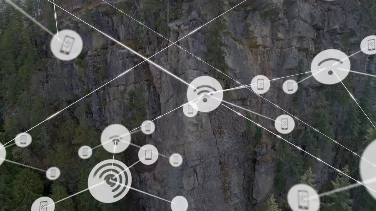 animación de la red de conexiones con iconos sobre el paisaje