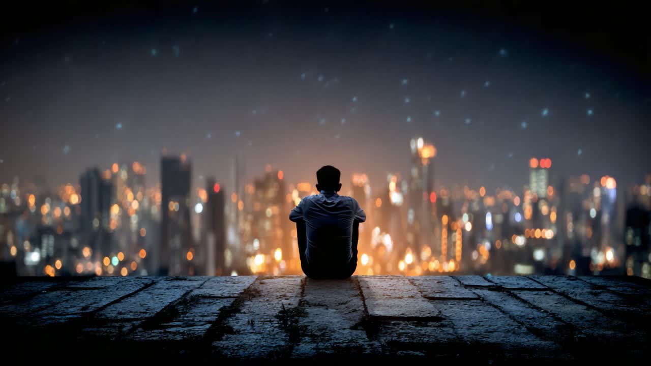 Una figura contemplativa osserva un magnifico paesaggio urbano notturno, riflettendo sulla vita mentre è circondata da uno spettacolo vibrante di luci e bellezza urbana