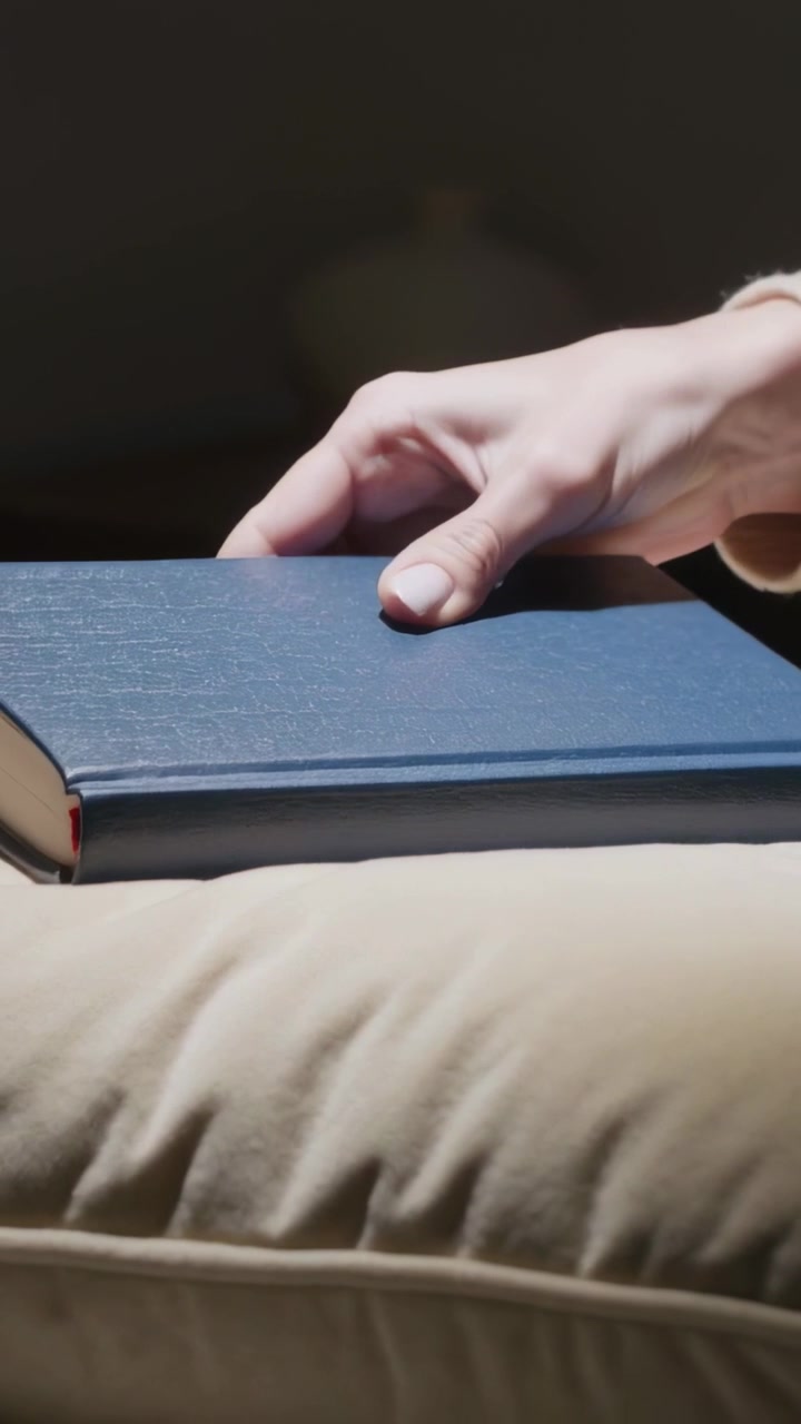Video verticale: Mano che posa un libro blu su un cuscino beige a casa per sistemarlo, vaso, spazio per il testo