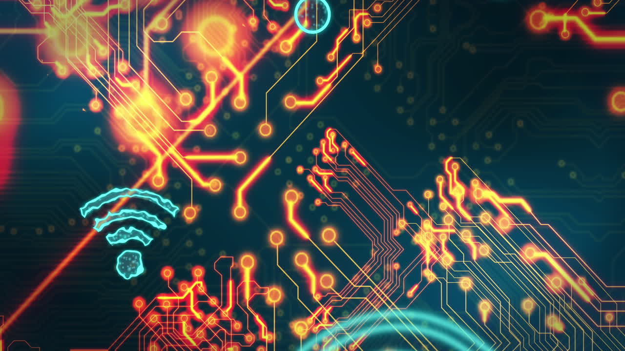 animación de una placa de circuitos informáticos con procesamiento de datos e iconos wifi digitales
