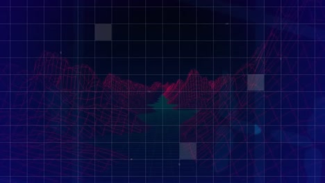 Animation-Beleuchteter-Quadrate-Auf-Einem-Gittermuster-über-Einem-3D-Modell-Von-Bergen-Vor-Schwarzem-Hintergrund