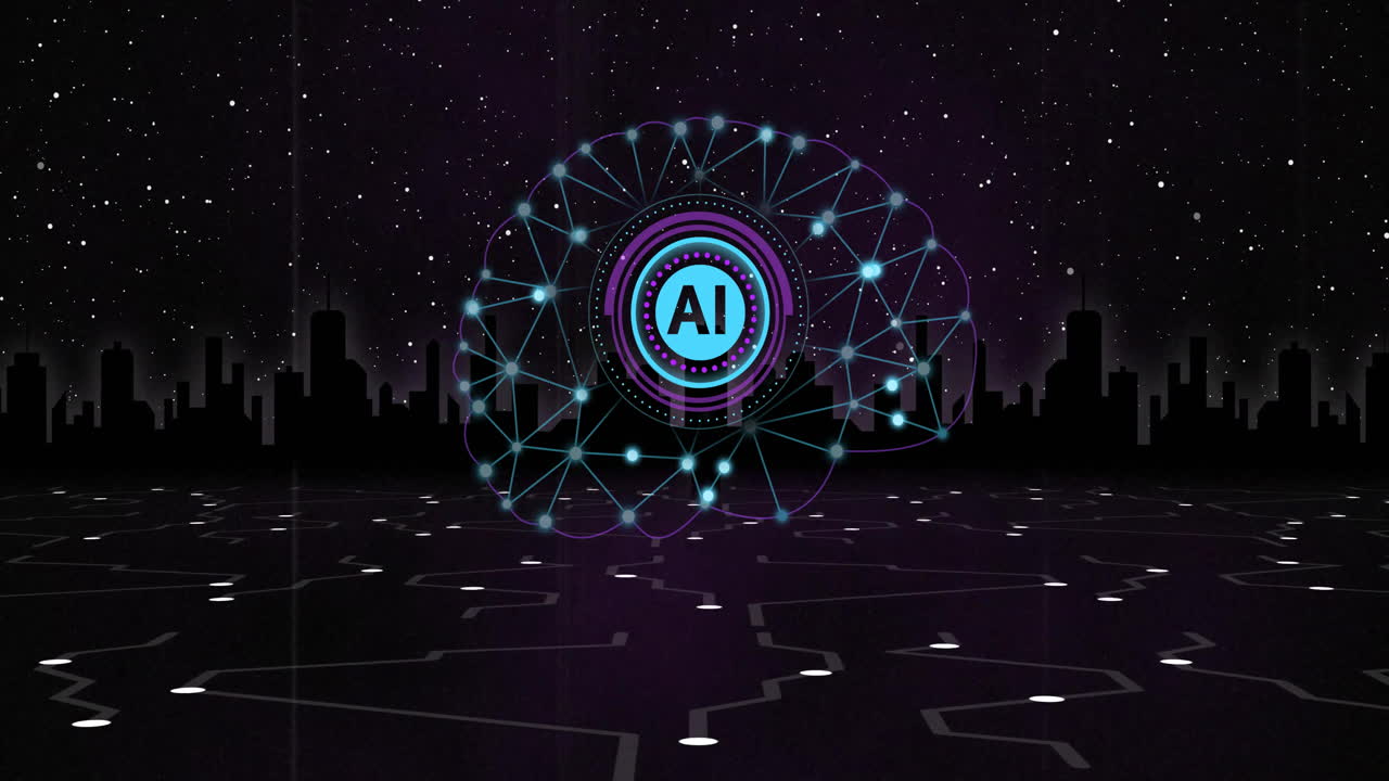 animación de texto ai, cerebro humano y procesamiento de datos digitales sobre fondo negro