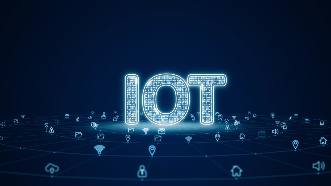 블루 모션 그래픽 디지털 3d iot (물의 인터넷) 로고와 미래의 기술 아이콘과 추상적인 배경 개념의 원 회전으로 선 연결