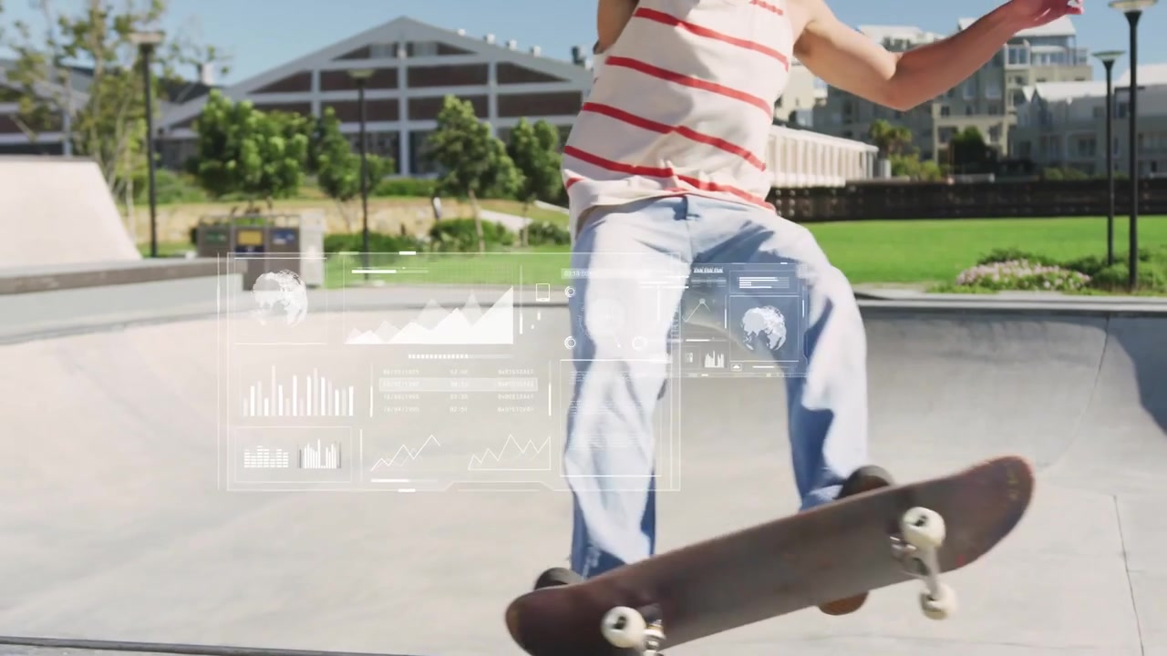 Adult male skater shifting forward, popping ollie in bowl, sports HUD tracking motion for analysis