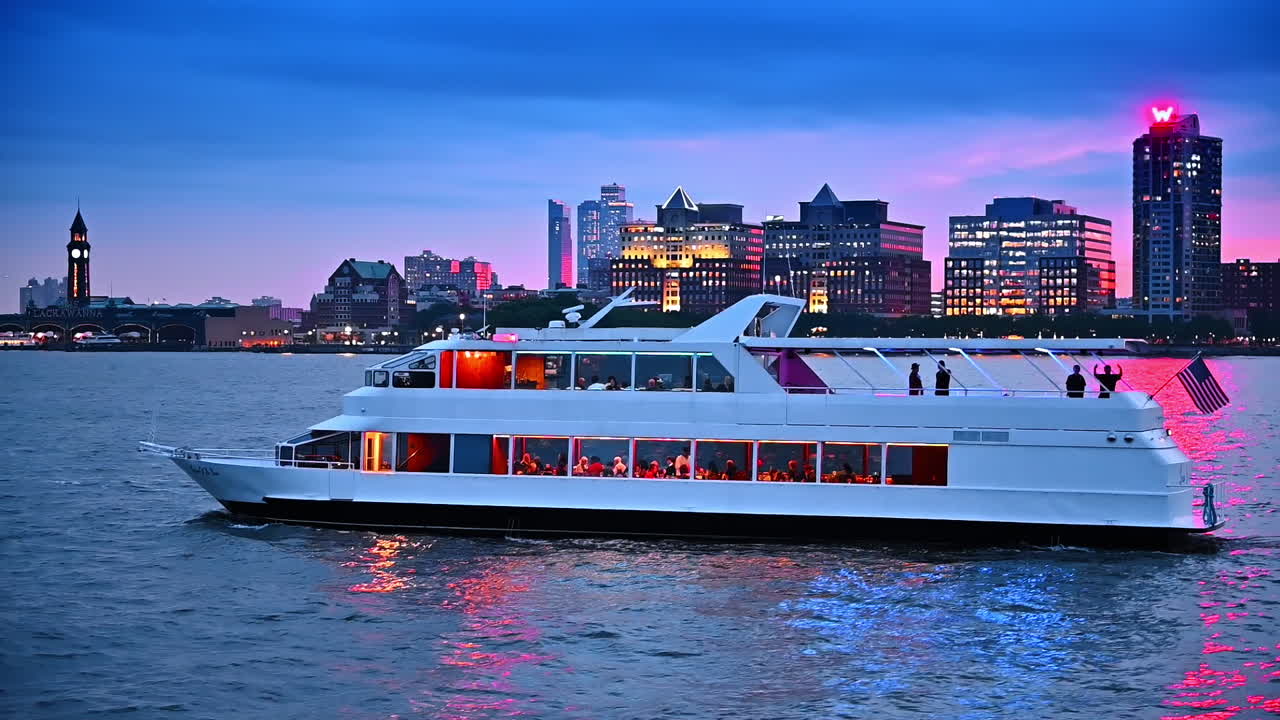 Following a riverboat travelling by the river at dusk time. Beautiful modern skyline of New York at backdrop