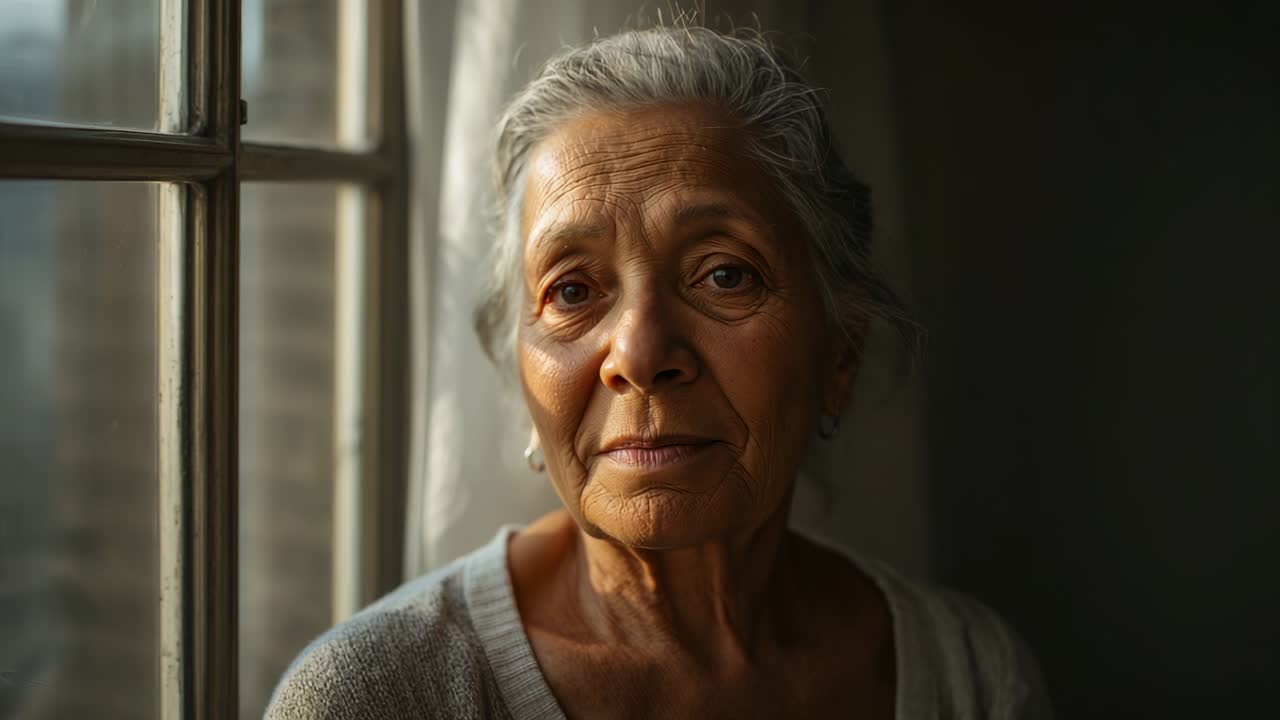 Donna anziana in maglione a casa, abbassando lo sguardo e chiudendo gli occhi sotto la luce soffusa della finestra, in riflessione