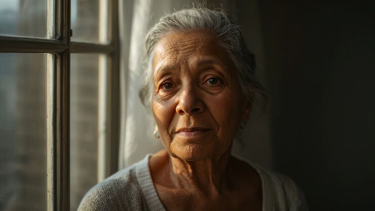 Donna anziana in maglione a casa, abbassando lo sguardo e chiudendo gli occhi sotto la luce soffusa della finestra, in riflessione