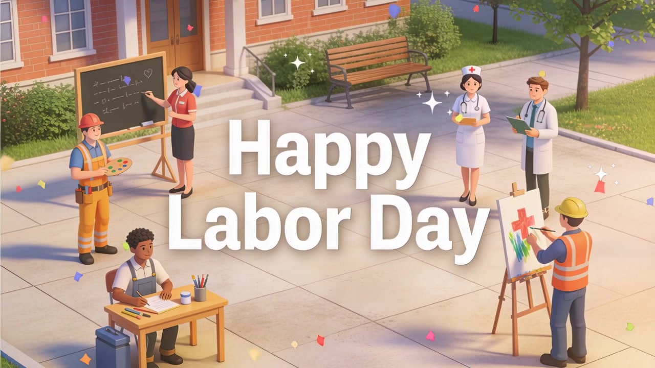 广场上居中显示“劳动节快乐”字样，身穿背心和工作服的工人们正在庆祝劳动。
