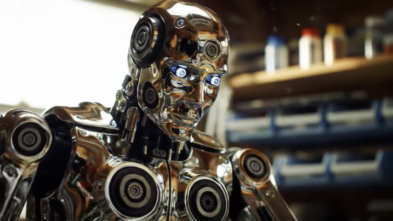 A highly detailed robot displays its artistic skills by painting in a well-equipped workshop. Bright lights illuminate the space, enhancing the craftsmanship of the robot.
