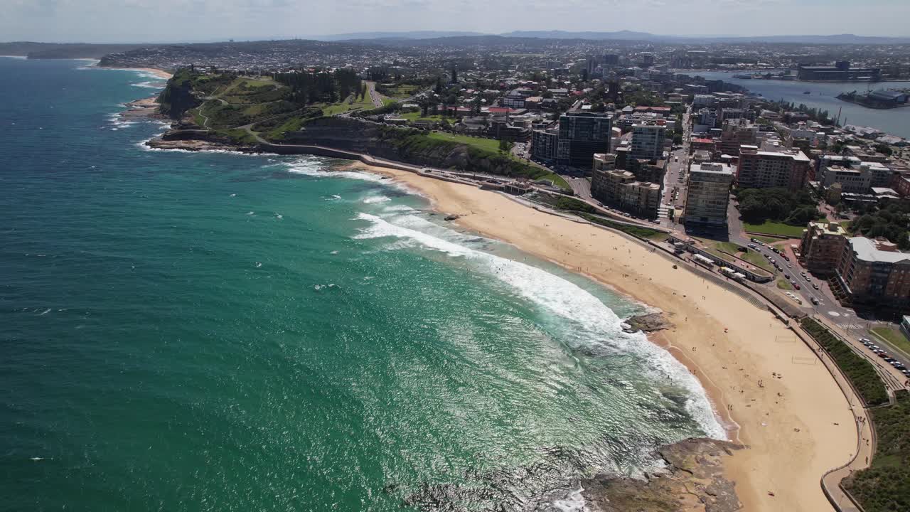 Aerial View Over Newcastle Beach In New South Wales, Australia - Drone Shot