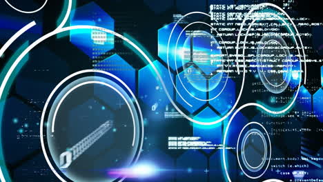 round scanners and data processing against hexagonal shapes on black background