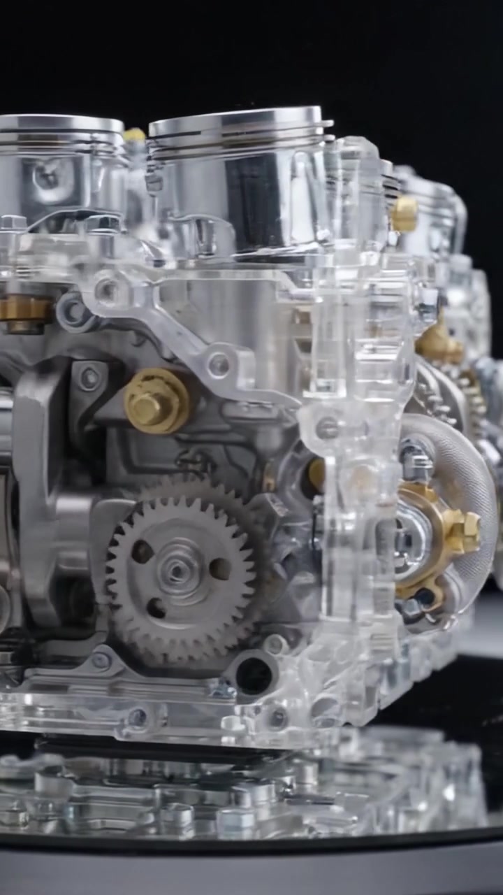 Design intricato di un motore trasparente: uno sguardo dettagliato alla complessa meccanica e all'ingegneria di precisione dietro i propulsori automobilistici.