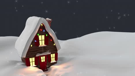 Schneeflocken-Fallen-über-Ein-Haus-In-Einer-Winterlandschaft-Vor-Grauem-Hintergrund