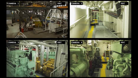 four security camera views of industrial warehouse and factory interiors and machinery, slow motion