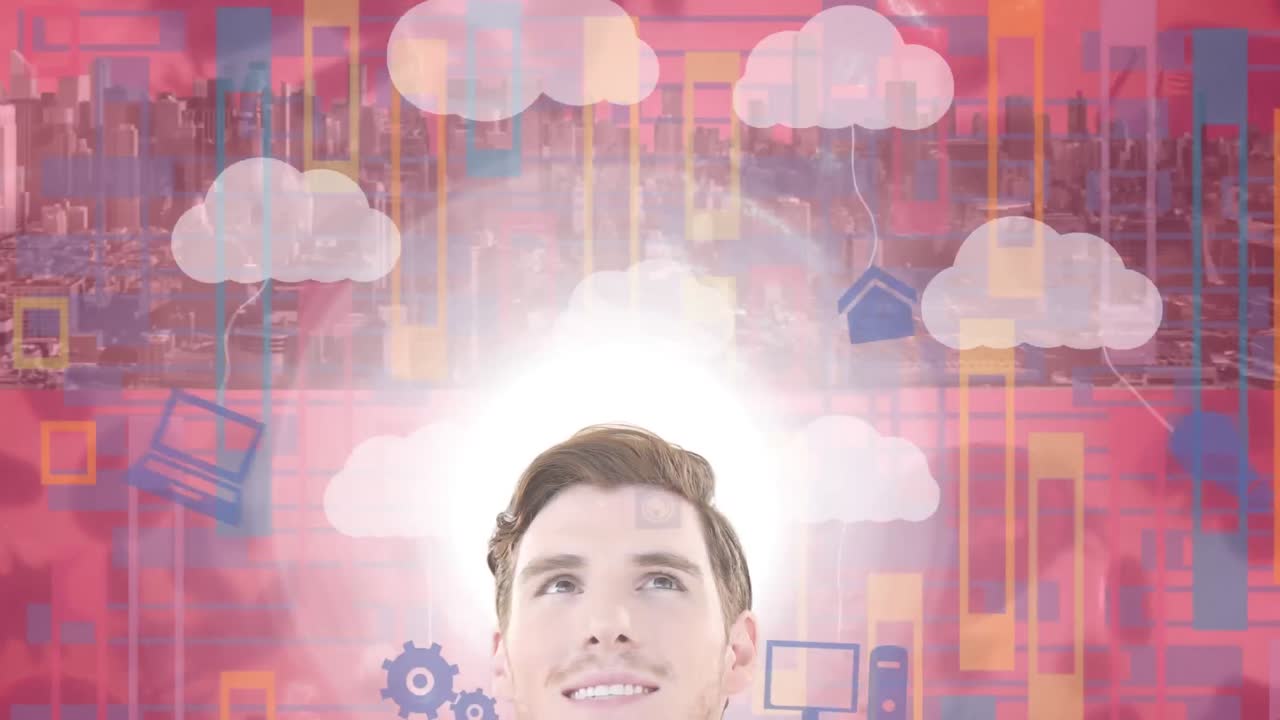анимация бизнесмена над облаками и цифровыми иконами