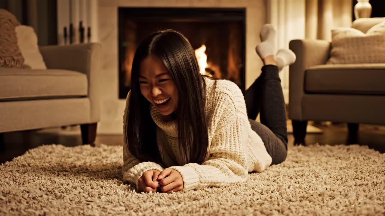 Woman Laughing by Fireplace