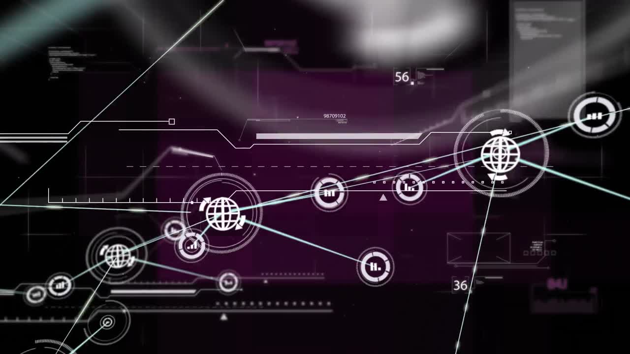 Animation of network of connections over data processing on black background
