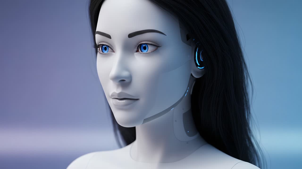Lähikuva futuristisesta androidista, jolla on huomiota herättävät siniset silmät ja edistyneet kasvonpiirteet, mikä osoittaa robotiikan ja tekoälyteknologian yhdistämistä.