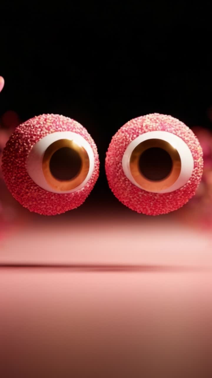 Occhi colorati di un personaggio animato con un'espressione giocosa, circondati da elementi decorativi rosa, su uno sfondo scuro, che creano un'atmosfera vivace.