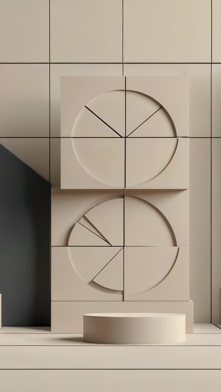 Vertical video: Starting pie segments on stacked beige blocks rotating clockwise in display gallery